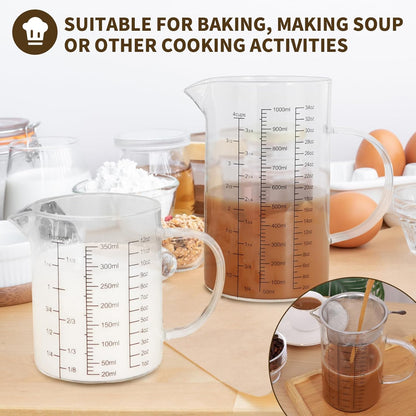 Glass Measuring Cup Set, 4-Cup/32oz (1000 ml) + 12oz (350 ml) Graduated Pitchers with Handle & Drip-Free Spout, Fine Mesh Strainer & Cleaning Brush for Liquid Measuring, Baking, Cold Brew