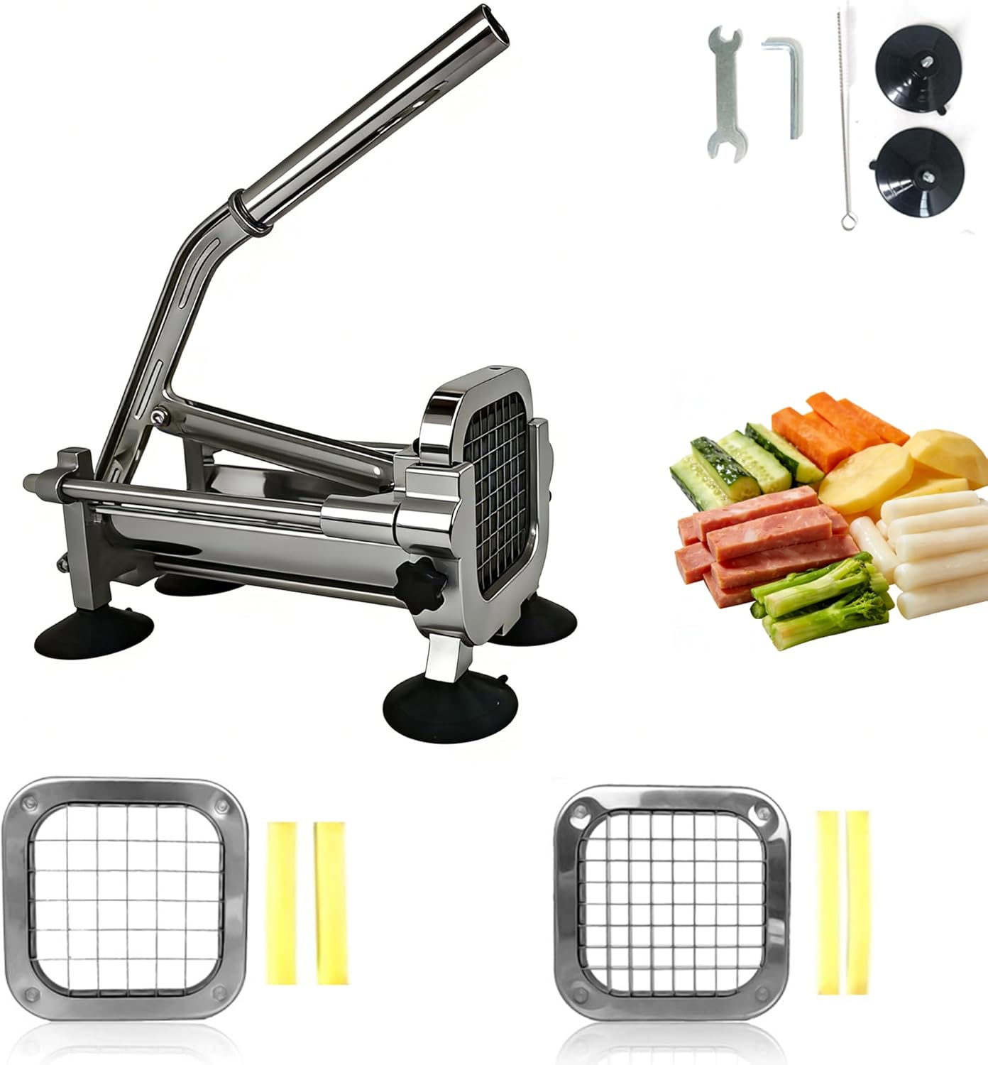 French Fry Cutter Professional Potato Slicer with 3 Interchangeable Blades, Aluminum Alloy Body, Stainless Steel Blades with 4 Large Suction Cups for Home Commercial Use (1/2"&1/4"&3/8" Blade)