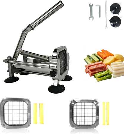 French Fry Cutter Professional Potato Slicer with 3 Interchangeable Blades, Aluminum Alloy Body, Stainless Steel Blades with 4 Large Suction Cups for Home Commercial Use (1/2"&1/4"&3/8" Blade)