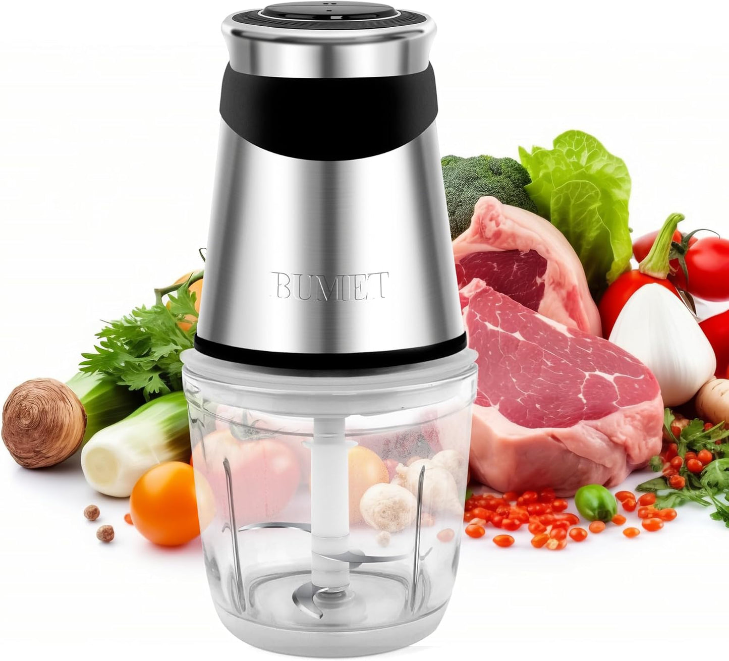 BUMET Electric food processor vegetable chopper 500W 2x8cup bowls 2 bi-layer 4 blades Small Food chopper ideal as Electric Meat grinder for home use,Mincing,chopping for kitchen aid,baby foot,pet food