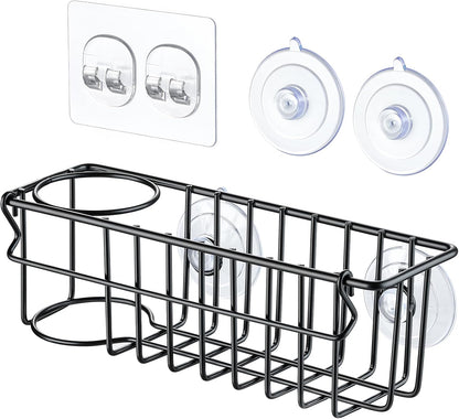 3-In-1 Sponge Holder for Kitchen Sink with Suction Cups & Adhesive Hook , In-sink Sponge Holder, Wall Hanging Sink Caddy Organizer Rack - Sponge, Dish Cloth, Brush, Scrubber - 304 Stainless Steel