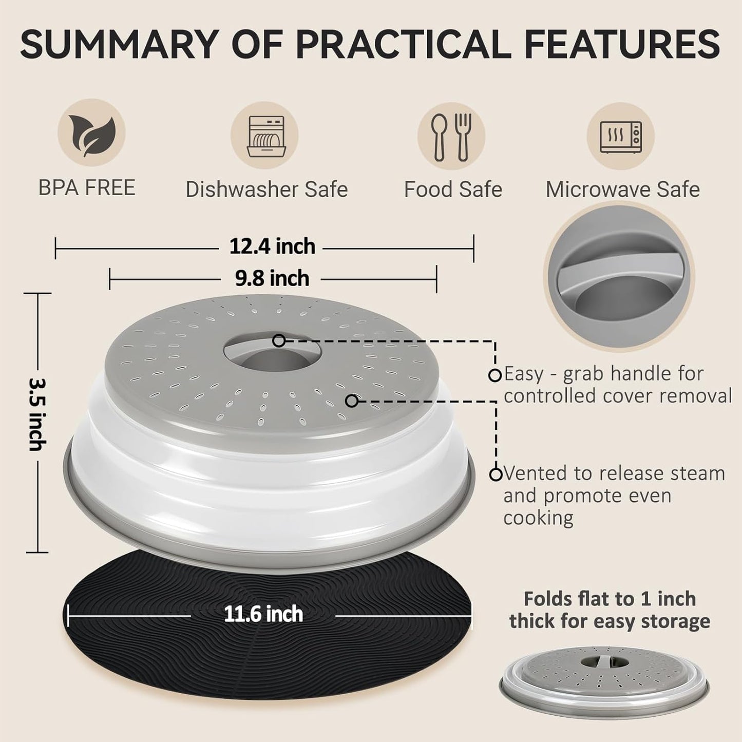 Collapsible Microwave Splatter Cover for Food, Vented Microwave Plate Cover Lid 10.5 inch, BPA-Free Silicone & Plastic, Dishwasher Safe, Multipurpose Colander for Fruit Vegetable, Black