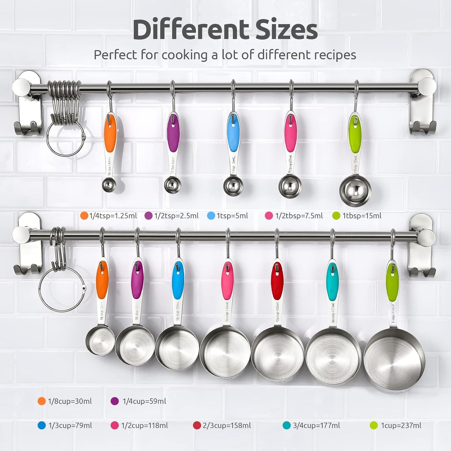 Measuring Cups and Spoons Set: U-Taste 18/8 Stainless Steel 12 Pieces Metal Stacking Kitchen Baking Cooking Food Measure Set 7 Cups 5 Spoons with Strengthened Weld Joints (Black, Upgraded Version)
