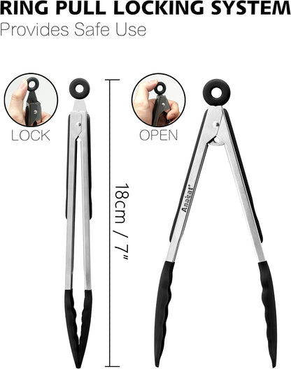 Anaeat Non-Stick Silicone Locking Tong Set of 3 - Stainless Steel 7", 9", 12" Kitchen Food Tongs with Non-Slip Silicone Tips and Grip for Cooking, Baking and BBQ - Heat Resistant up to 480°F (Black)