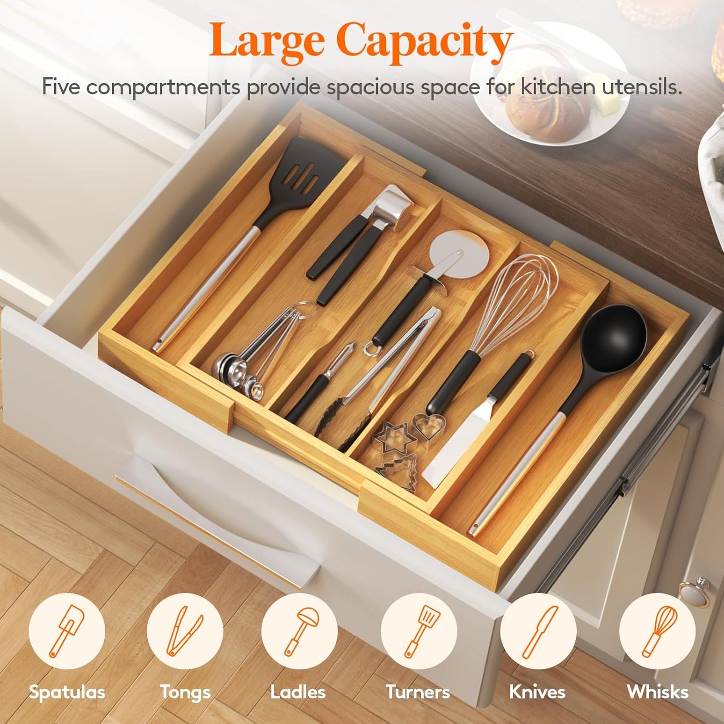 Lifewit Utensil Organizer for Kitchen Drawer, Expandable Cooking Utensil Tray, Cutlery Silverware Flatware Holder, Wood Adjustable Spatula Tools Storage Divider, 8.9-15.8 x 15.75, Natural