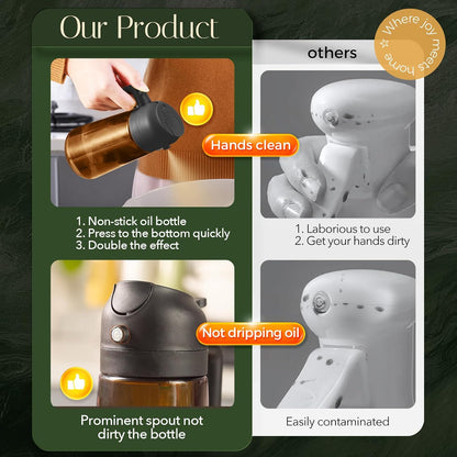 YARRAMATE 2Pcs 16oz/470ml Dark Brown Oil Sprayer for Cooking with Stickers, Food-grade Premium 2 in 1 Olive Oil Dispenser Bottle for Kitchen Gadgets, Air Fryer, Salad, Frying, BBQ (Black&OliveGreen)