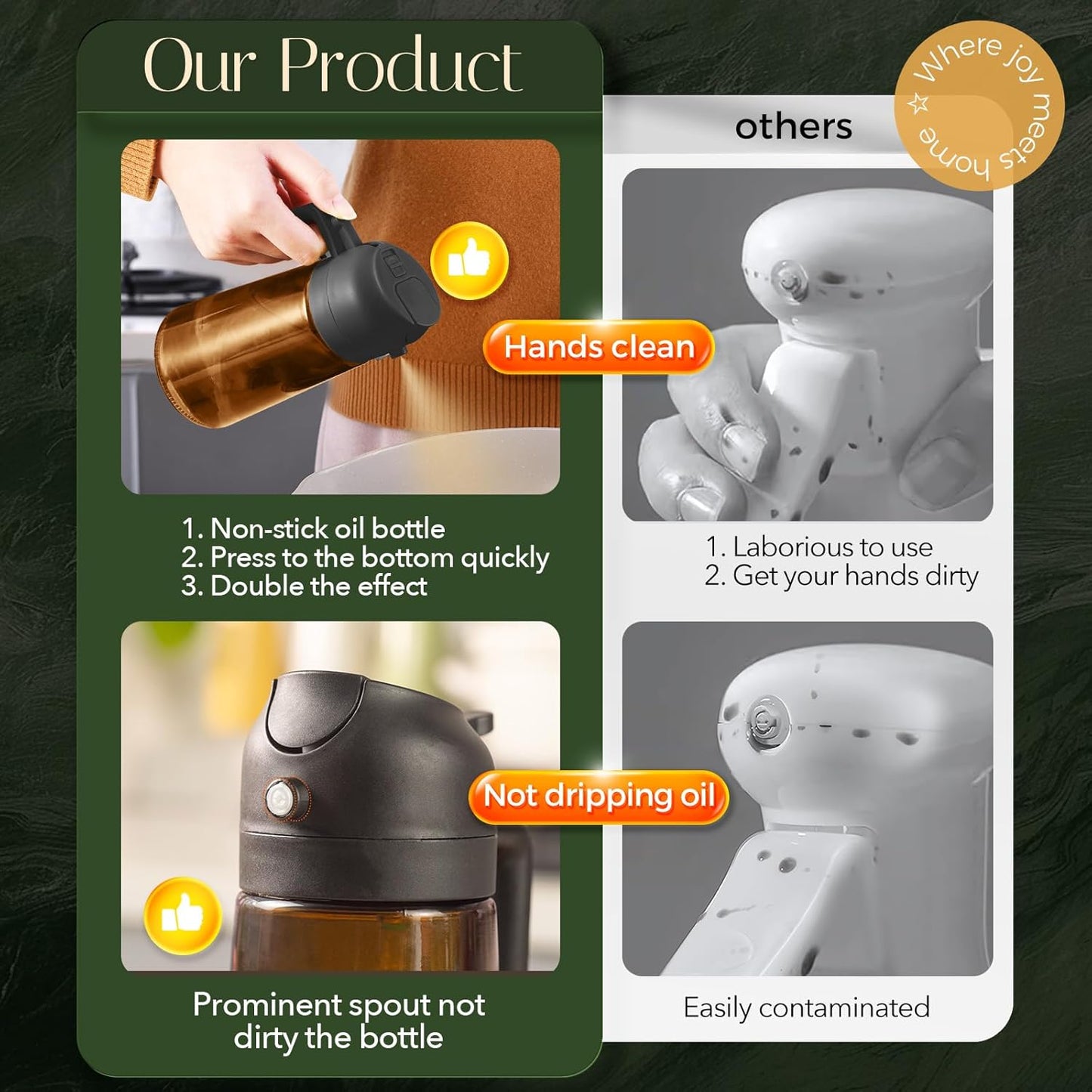 YARRAMATE 16oz/470ml Light Blocking Oil Sprayer for Cooking with Stickers, Food-Grade 2 in 1 Olive Oil Dispenser Bottle for Kitchen, Premium Dark Amber Glass Oil Bottle for Air Fryer, BBQ (Black)