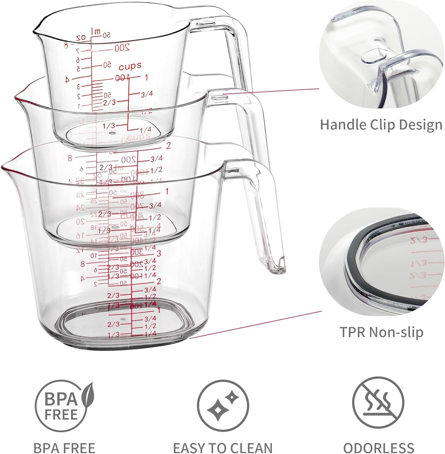 3-Piece Nesting Liquid Measuring Cups Set, Clear Plastic Measuring Jugs with Spout and Multiple Measurement Scales, 1 Cup, 2 Cup, 4 Cup for Baking and Cooking