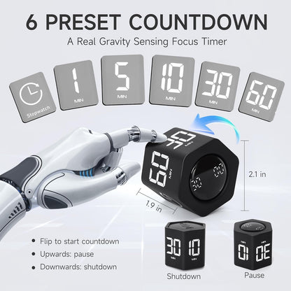 Productivity Timer 1, 5, 10, 30, 60 Minutes Preset, Desk Cube Timer with Gravity Sensor/Mute/Vibration for ADHD, Work, Study, Kitchen, Back to School (Wood Grain)