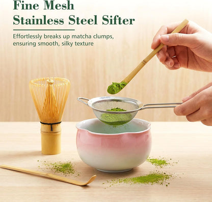 Mint Pink Matcha Whisk & Bowl Set, 8-Piece Complete Matcha Making Kit, Ceremonial Grade Starter Set with Elegant Floral Gift Packaging