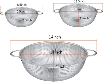 P&P CHEF Colander Set of 3, Stainless Steel Micro-Perforated Colanders Strainers for Draining Rinsing Washing, Ideal for Pasta Vegetables Fruits, Heavy Duty & Dishwasher Safe - 1/3/5 Quart