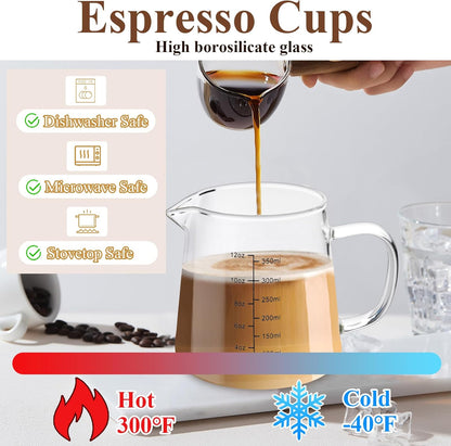 4 Pack 12oz Coffee Measuring Glass Cups, Heat Resistant Espresso Shot Pitcher Glass Cup, Microwave & Dishwasher Safe Milk Frothing Pitcher Creamer Container