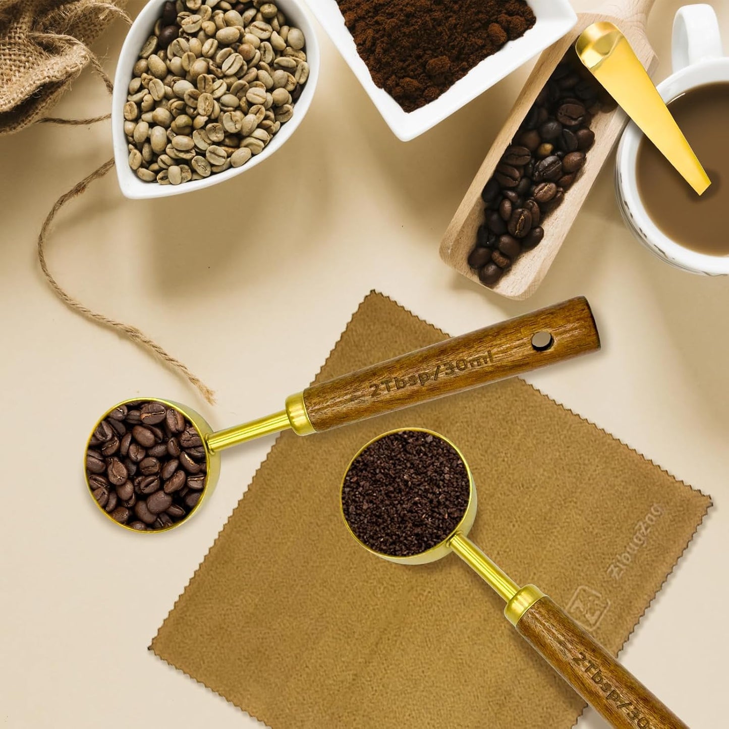 Coffee Scoop with Wooden Handle, 1 Tablespoon/ 15 ml, 304 Stainless Steel Measuring Spoon for Ground Coffee, Espresso, Tea, Protein Powder, Spices (6 Pack)