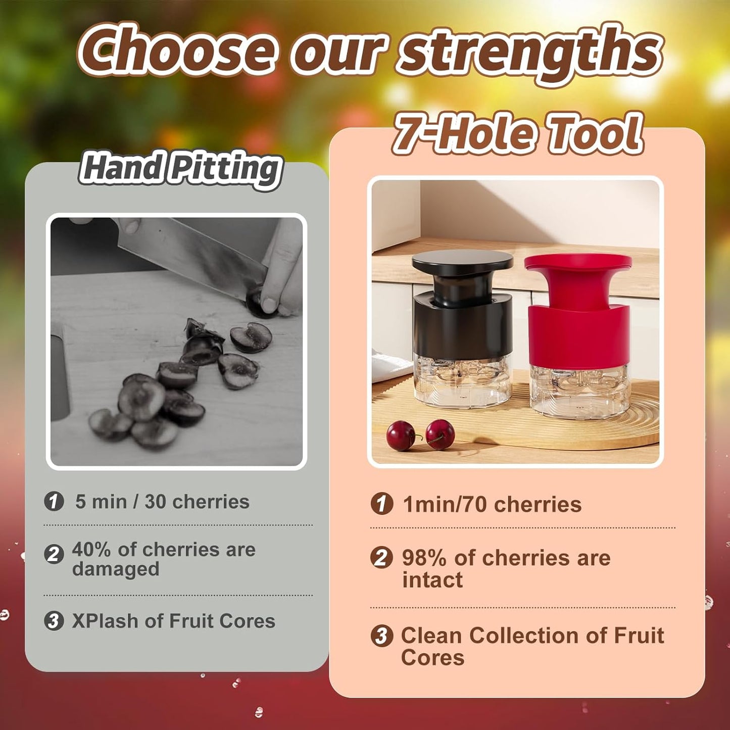 Cherry Pitter - Quick Release Multi Cherries Stoner Pitter 7-in-1, Push Button Cherr'y Core Pit'ter Tool Multiple with Splatter Protector, Pit Seed Remover for Making Jam Cherry Dishes (Red-7 Holes)