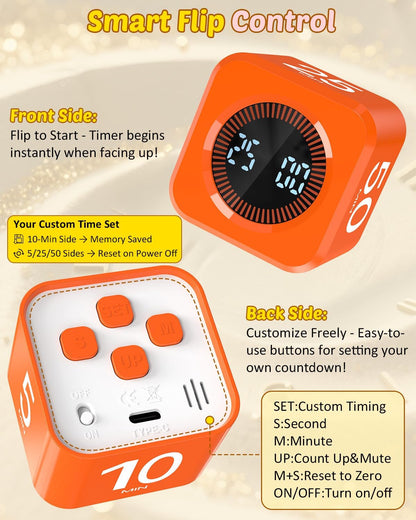 Digital Pomodoro Timer Cube 5/10/25/50min, Visual Productivity Flip Timer for Kids Classroom Desk, Custom Countdown, Silent and Sound Mode for ADHD Study Work Game Kitchen (Orange)