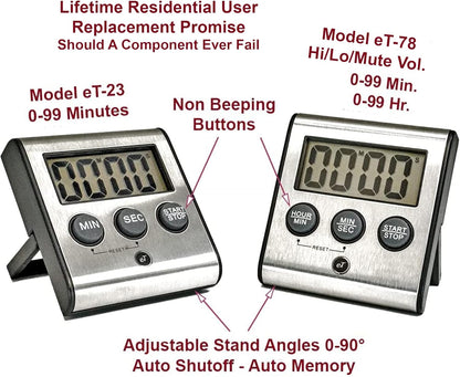 Elegant Digital Kitchen Timer, Stainless Steel Model eT-23, Super Strong Magnetic Back, Loud Alarm, Large Display, Auto Memory, Auto Shut-Off by eTradewinds