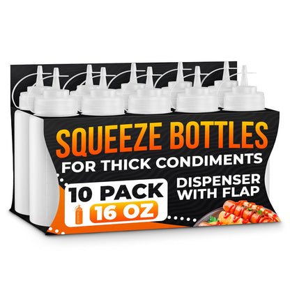 Set of 6 Inverted Condiment Squeeze Bottles 16 oz – Upgraded Design with Added Sealing Gaskets, Self-Closing Valve, Easy-to-Fill Clear Bottles for Sauces, Dressings, Ketchup, Mustard for Everyday Use