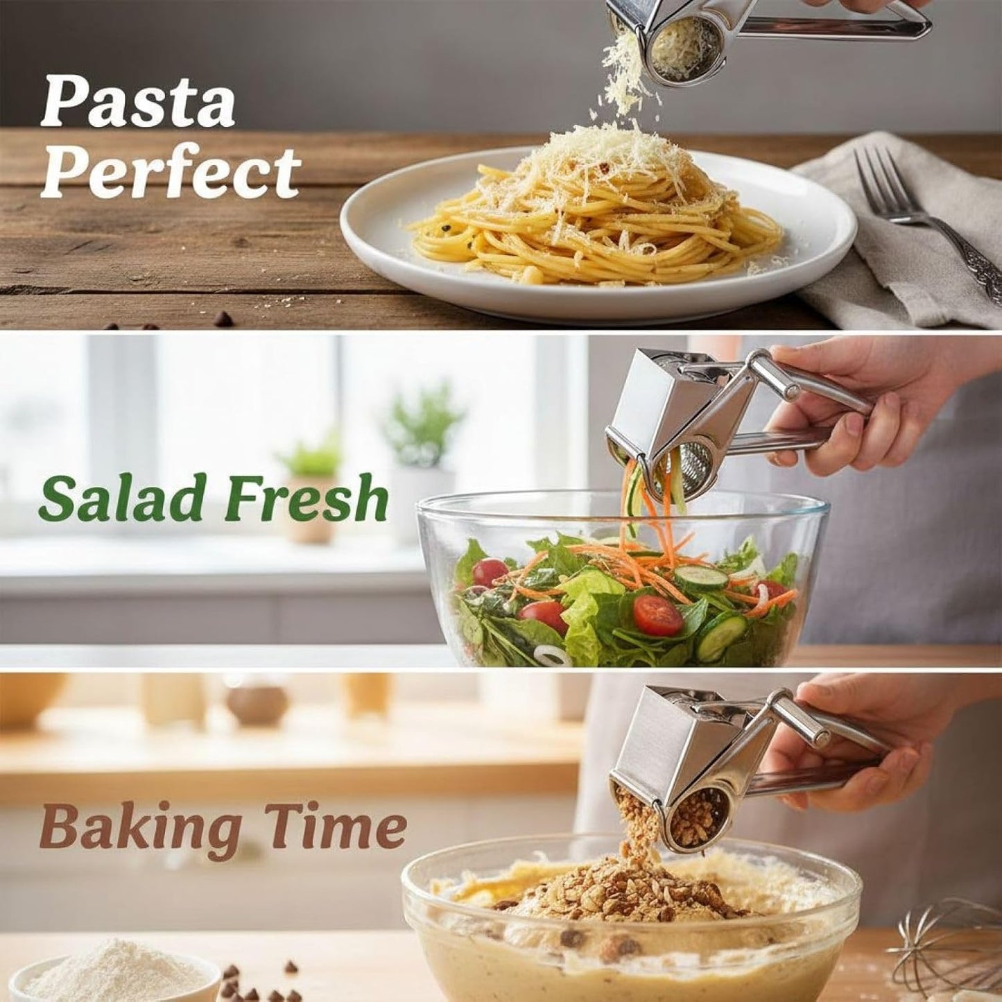Hand Crank Cheese Grater with 2 Blades, Stainless Steel Rotary Cheese Shredder, Manual Cheese Grater with Extended Handle, Easy to Clean Kitchen Tool for Cheese, Vegetables, Nuts