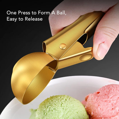 Ice Cream Scoop with Trigger – Stainless Steel Portion Scooper for Cookies, Muffins & Meatballs – Easy Release Disher for Baking, Commercial & Home Kitchen – Gold