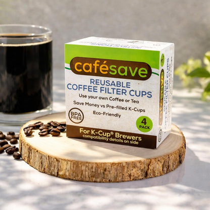 2-Item Bundle: 4-Pack Cafe Save 1-Stream Reusable K Cup Coffee Filters + EZ-Scoop 2 Tbsp Scoop with Integrated Funnel, Refillable Pod Capsule For Use with Keurig & Select Single Cup Coffee Maker