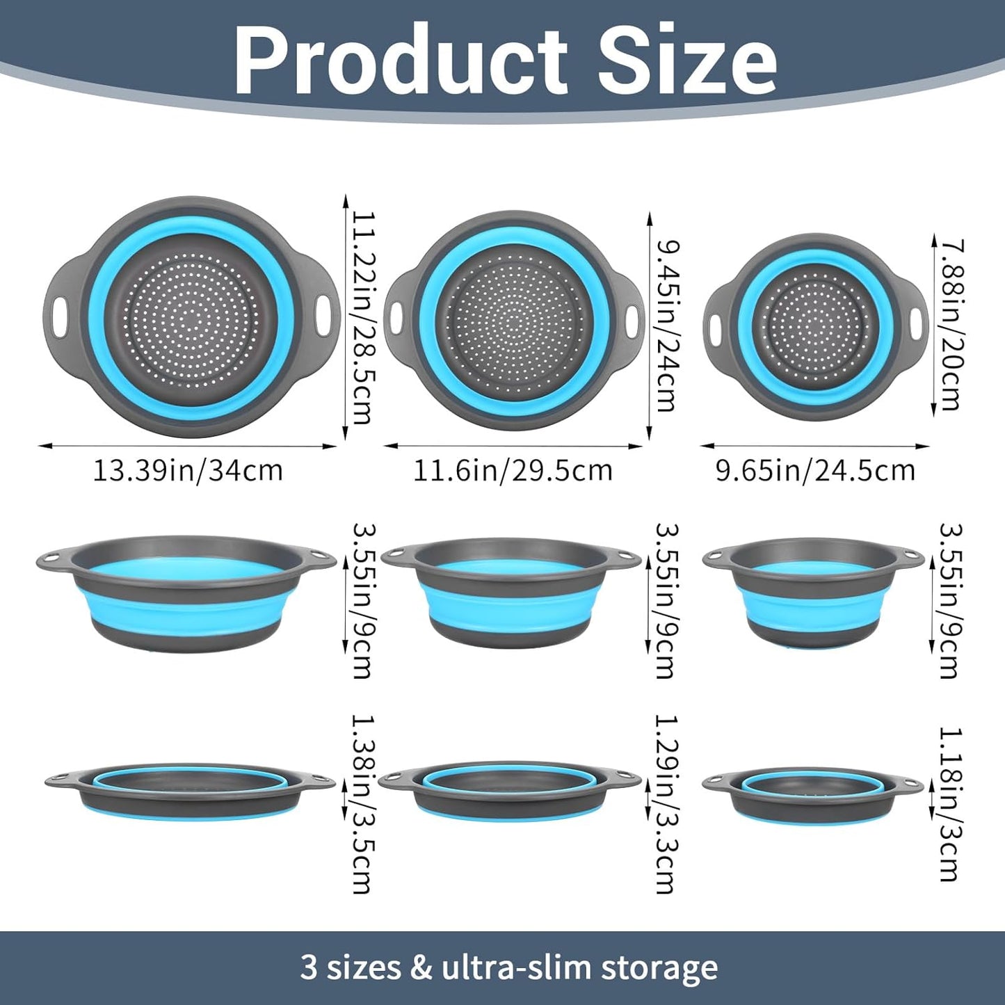3-Pack Foldable Colander Set with Over-Sink Draining Tray, Foldable Kitchen Strainers, Space Saving Kitchen Drainer for Vegetables, Fruit, Pasta and Rice (Blue&Gray)