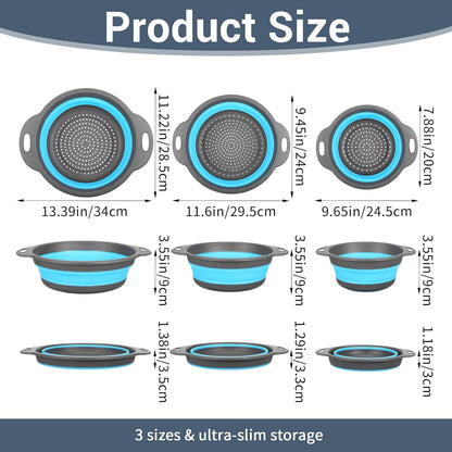 3-Pack Foldable Colander Set with Over-Sink Draining Tray, Foldable Kitchen Strainers, Space Saving Kitchen Drainer for Vegetables, Fruit, Pasta and Rice (Blue&Gray)
