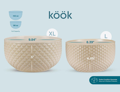 KooK Ceramic Mixing Bowls, Nesting Set of 4, Embossed Kitchen Dishware, Prep, Serving, Gift, Microwave and Dishwasher Safe, 20/44/98/145 oz, Narbonne Collection (Ivory)