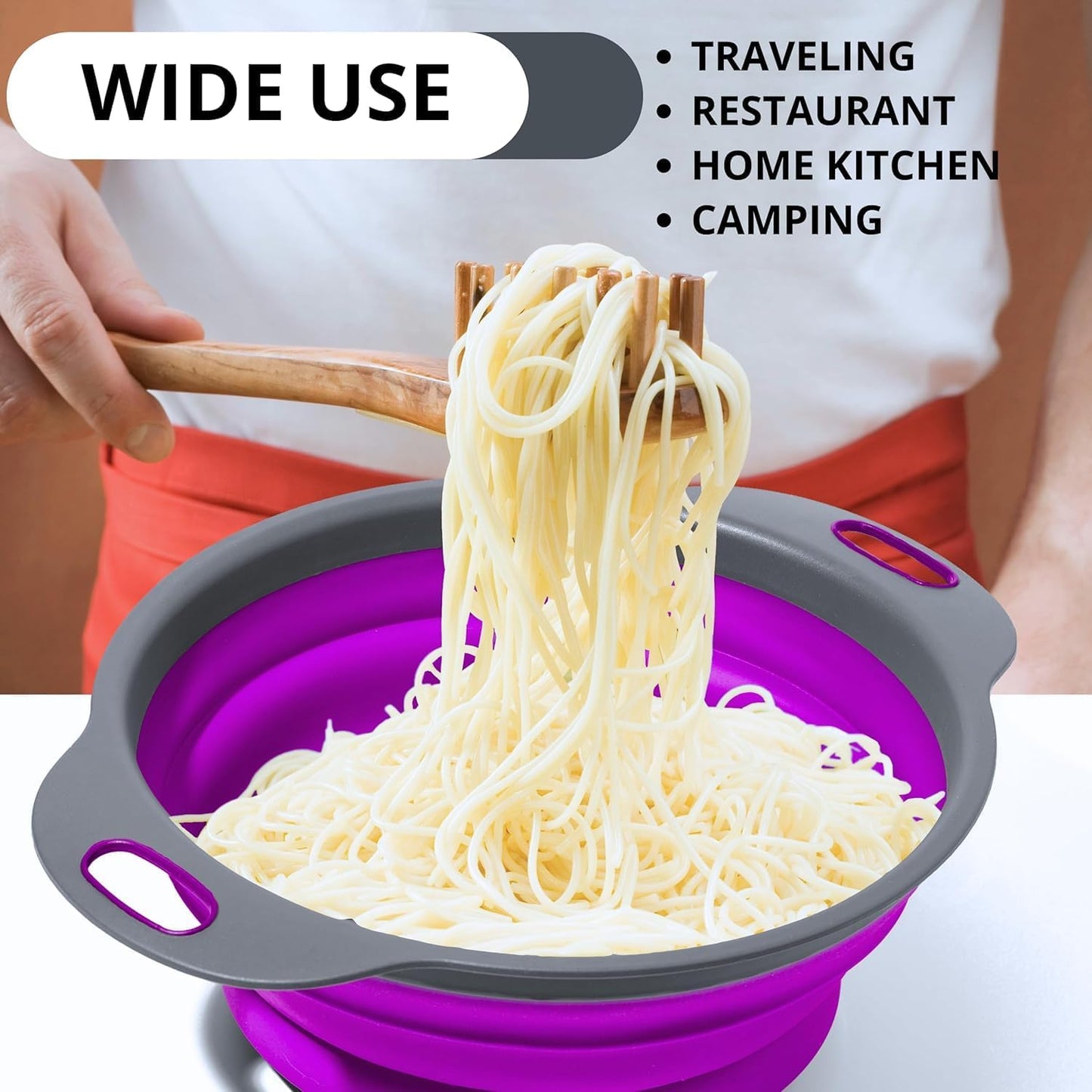 White Round Silicone Collapsible Colander – Silicone Round Kitchen Strainers with Plastic Handles Small Foldable Kitchen Strainer Perfect for Draining Pasta Vegetable and Fruit