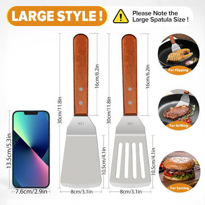 Small Flat Metal Spatula Scraper Set,2 Pcs Stainless Steel Dough Food Scraper Kitchen Tool, Griddle Grill Scrapers for Flat Tops Pancake Pizza Burgers Cooking Cutting Flipping Cleaning, Slant Edge