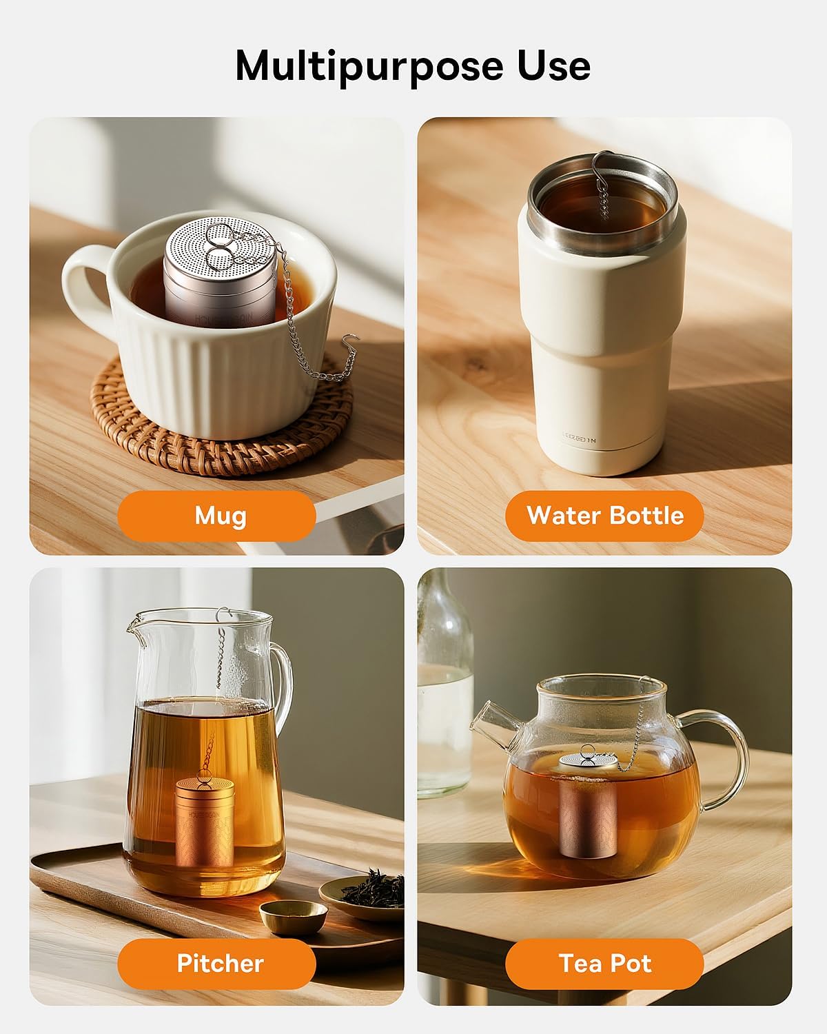 House Again Tea Infusers, Extra Fine Mesh Tea Strainers for Loose Tea, Updated Slim Threaded Lid & 304 Stainless Steel, Loose Leaf Tea Steeper for Brew Tea Spices & Seasonings
