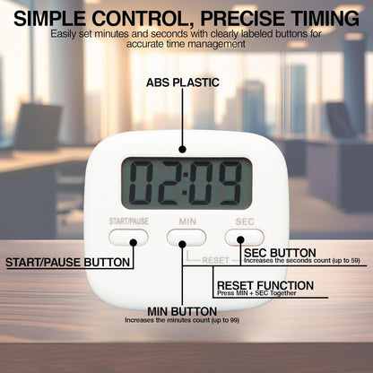 Digital Kitchen Timer Magnetic Backing Stand, Loud Alarm Timers, Timers for Kitchen, Baking, Exercise Training, Study, Count up and Count down Clock, White