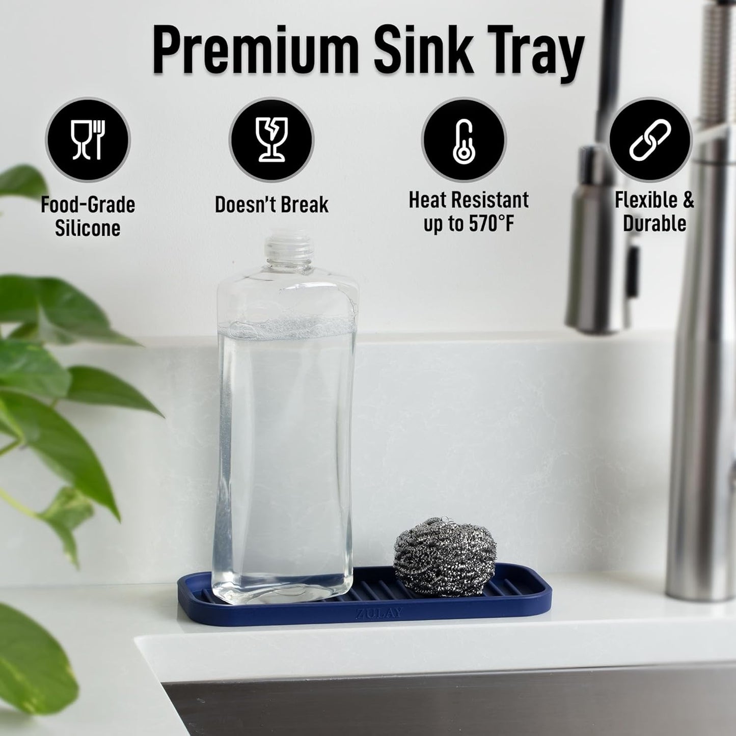 Zulay Kitchen (9x3.5in Sponge Holder for Kitchen Sink - Flexible Heavy-duty Multipurpose Sink Caddy - Counter Organizer for Kitchen, Bathroom, Makeup, Trinkets & More! (Grey)