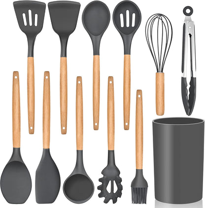 E-far Cooking Utensils Set of 6, Silicone Kitchen Utensils with Wooden Handle, Non-stick Cookware Friendly & Heat Resistant, Includes Spatula/Ladle/Slotted Turner/Serving Spoon/Spaghetti Server(Khaki)