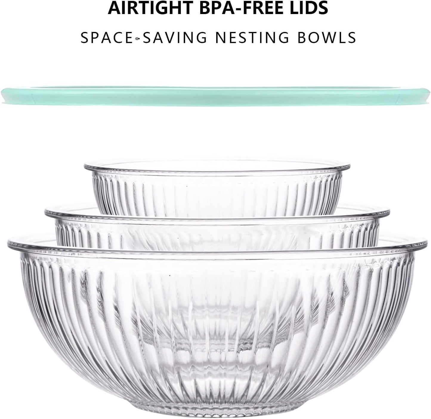 Luvan Glass Mixing Bowls with Lids Set(4.5QT, 2.7QT, 1.1QT)-Large Glass Mixing Bowls, Clear Salad Bowl for Baking, Cooking, Serving, Food Prep, 3PC Nesting Bowls for Kitchen Storage & Dishwasher Safe