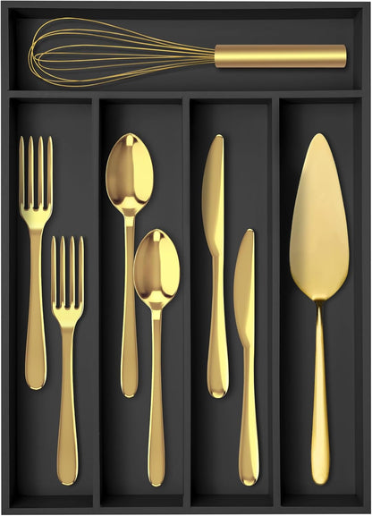 Silverware Organizer Small Bamboo Kitchen Drawer Organizer Utensil Organizer Silverware Holder Cutlery Organizer in drawer Flatware Organizer Tray (Black 4 Slots)