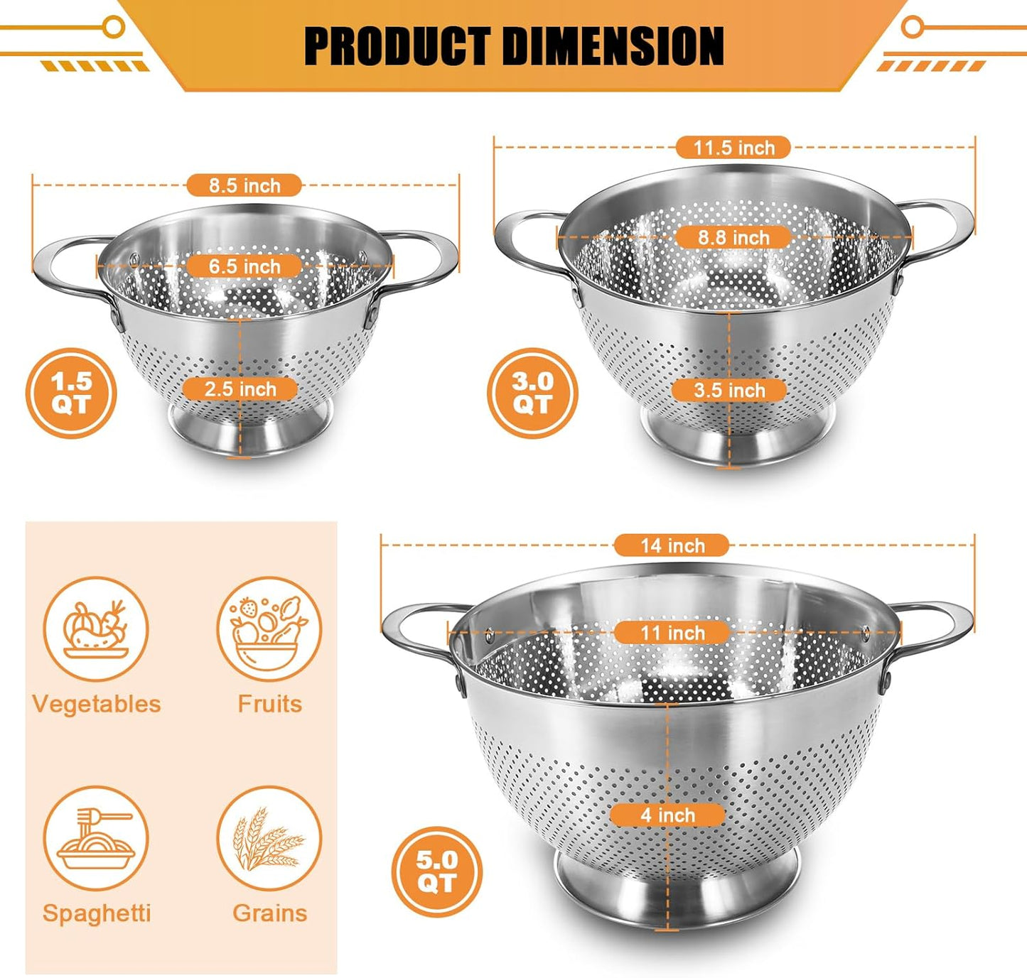 Stainless Steel Colander for Kitchen | 5 Quart Durable Rice and Pasta Strainer with Handle | Oversized Handles | Nesting Design | Rust-Resistant & Dishwasher Safe