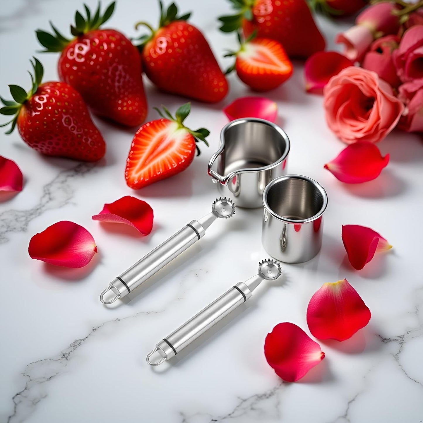 2Pcs Silver Stainless Steel Strawberry Huller Multi-Function Stainless Corer and Pitter Remover for Strawberry, Practical Kitchen Tool, Fruit and Vegetable Corers
