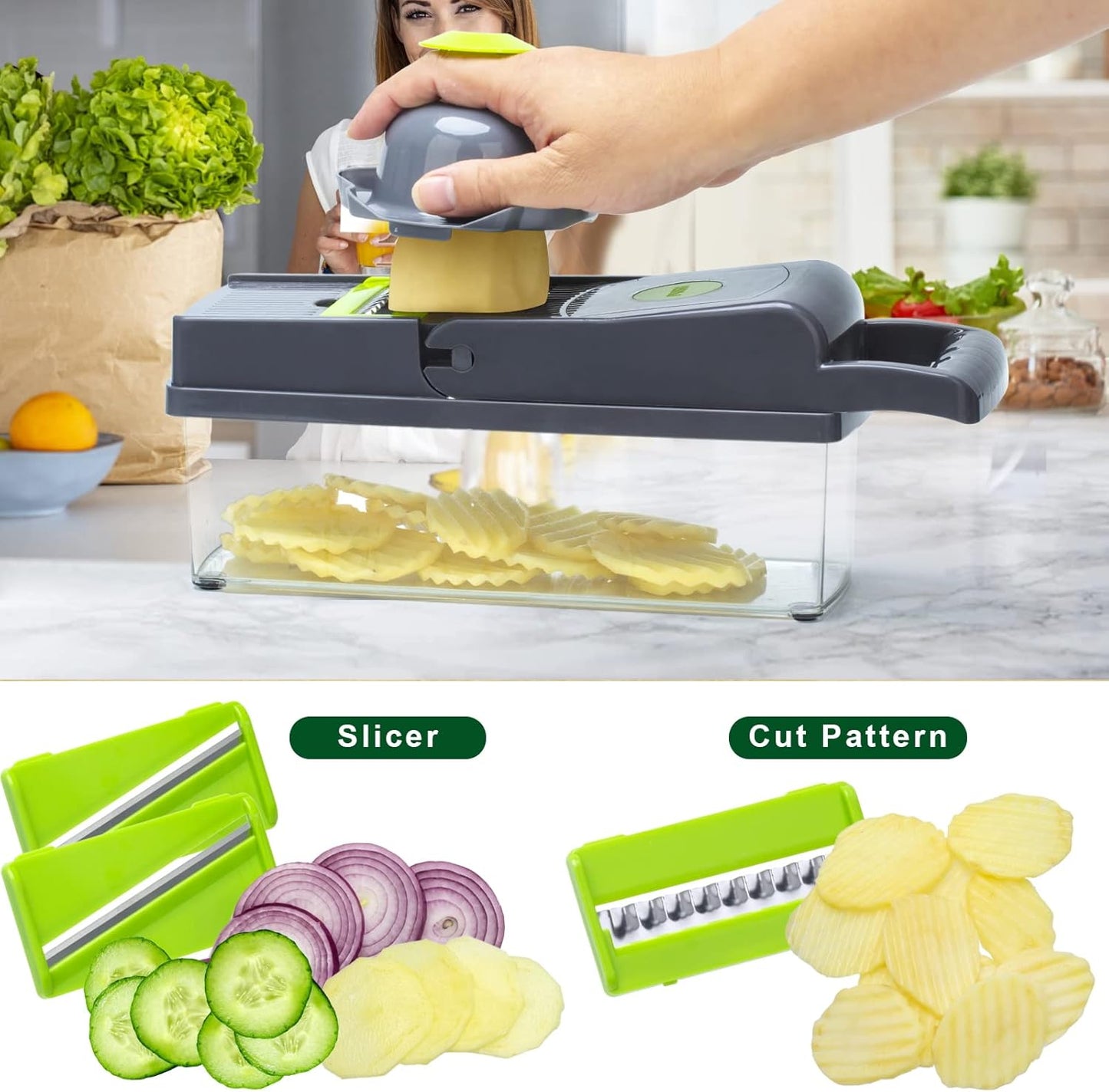 Multifunction Vegetable Chopper, 8 Blades Vegetable Slicer, Onion Chopper Cutter Dicer Egg Separator Grater Slicer with Push Button, Hand Guard, Large Capacity Container