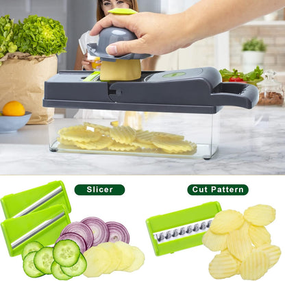 Multifunction Vegetable Chopper, 8 Blades Vegetable Slicer, Onion Chopper Cutter Dicer Egg Separator Grater Slicer with Push Button, Hand Guard, Large Capacity Container