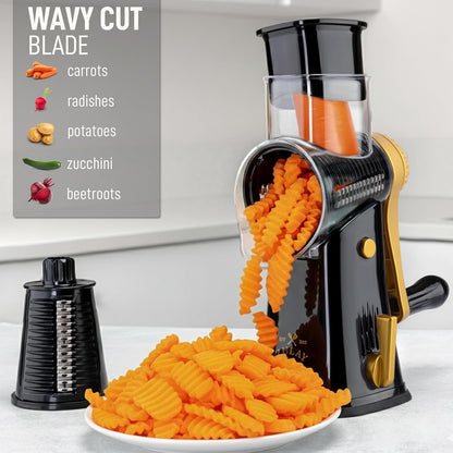 Zulay Kitchen Rotary Cheese Grater 5 Blade Cheese Shredder - Manual Hand Crank Cheese Grater With Reinforced Suction & 5 Interchangeable Drums - Easy to Use, Vegetable Chopper Round Mandoline Slicer - Colors B