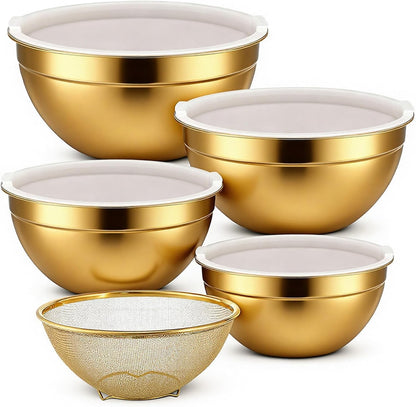 SHENLIU 5 Pcs Gold Mixing Bowls with Airtight Lids, Stainless Steel Mixing Bowl with Colander Metal Nesting Organizers for Kitchen Prepping Serving Food, Non-slip Bottom Size 5.5, 3.6, 2.7, 2.1Qt