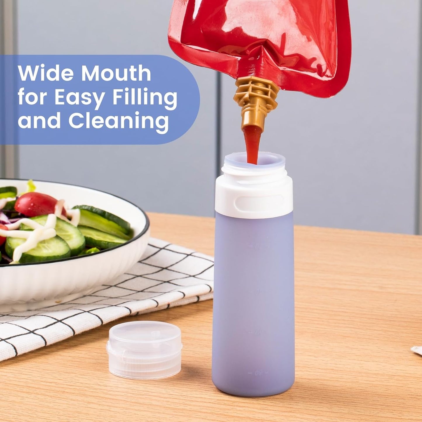 MICEBAY Condiment Squeeze Bottles for Sauces, 2-oz Mini Silicone Salad Dressing Container to Go with Reusable Sandwich Bag, Leakproof Ketchup Bottle for Bento Lunch Box, 4 Pack, Candies