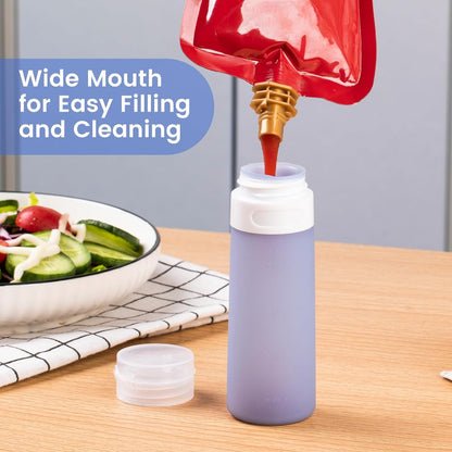 MICEBAY Condiment Squeeze Bottles for Sauces, 2-oz Mini Silicone Salad Dressing Container to Go with Reusable Sandwich Bag, Leakproof Ketchup Bottle for Bento Lunch Box, 4 Pack, Candies