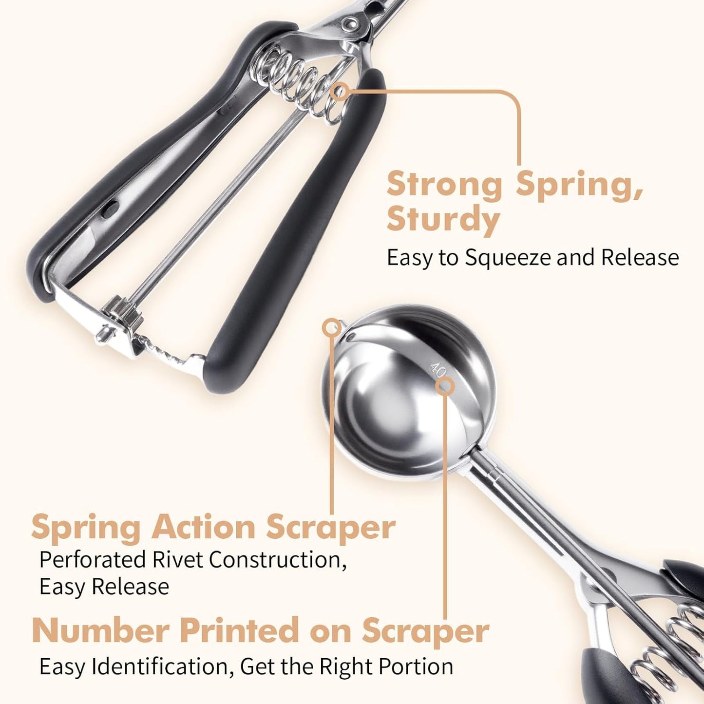 Cookie Scoop set, Cookie Scoops for Baking Set of 3, Size #60/ #40/ #20, Cookie Dough Scoop, Non-Slip Grip, Blue/Black/Mint Handle, For Cookies Muffin Cupcake Meatball Ice Cream