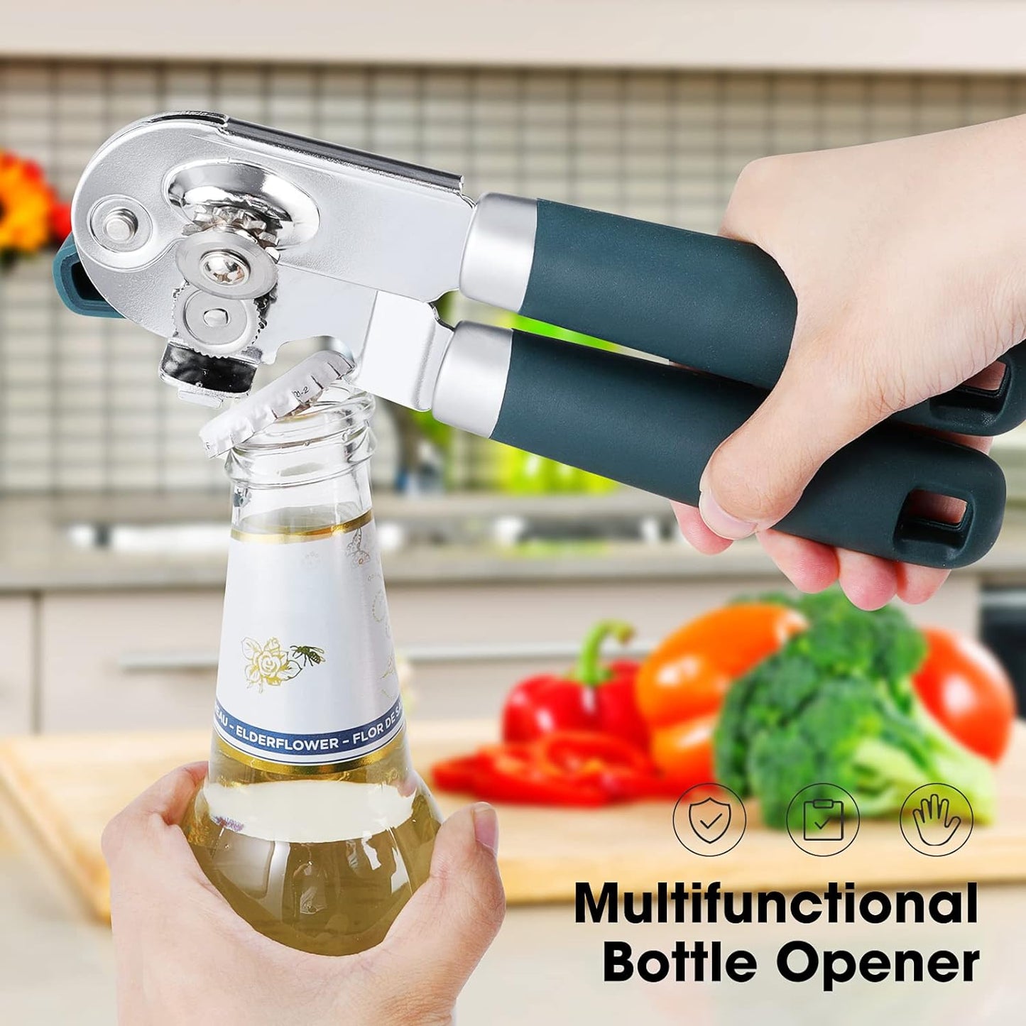 Beneno Heavy Duty Hand Can Opener Manual with Magnet, Durable Sharp Carbon Steel Blade Smooth Cutting, Big Effort-Saving Knob & Soft Grip Handle, Multifunctional Kitchen Tool with Bottle Opener, Green