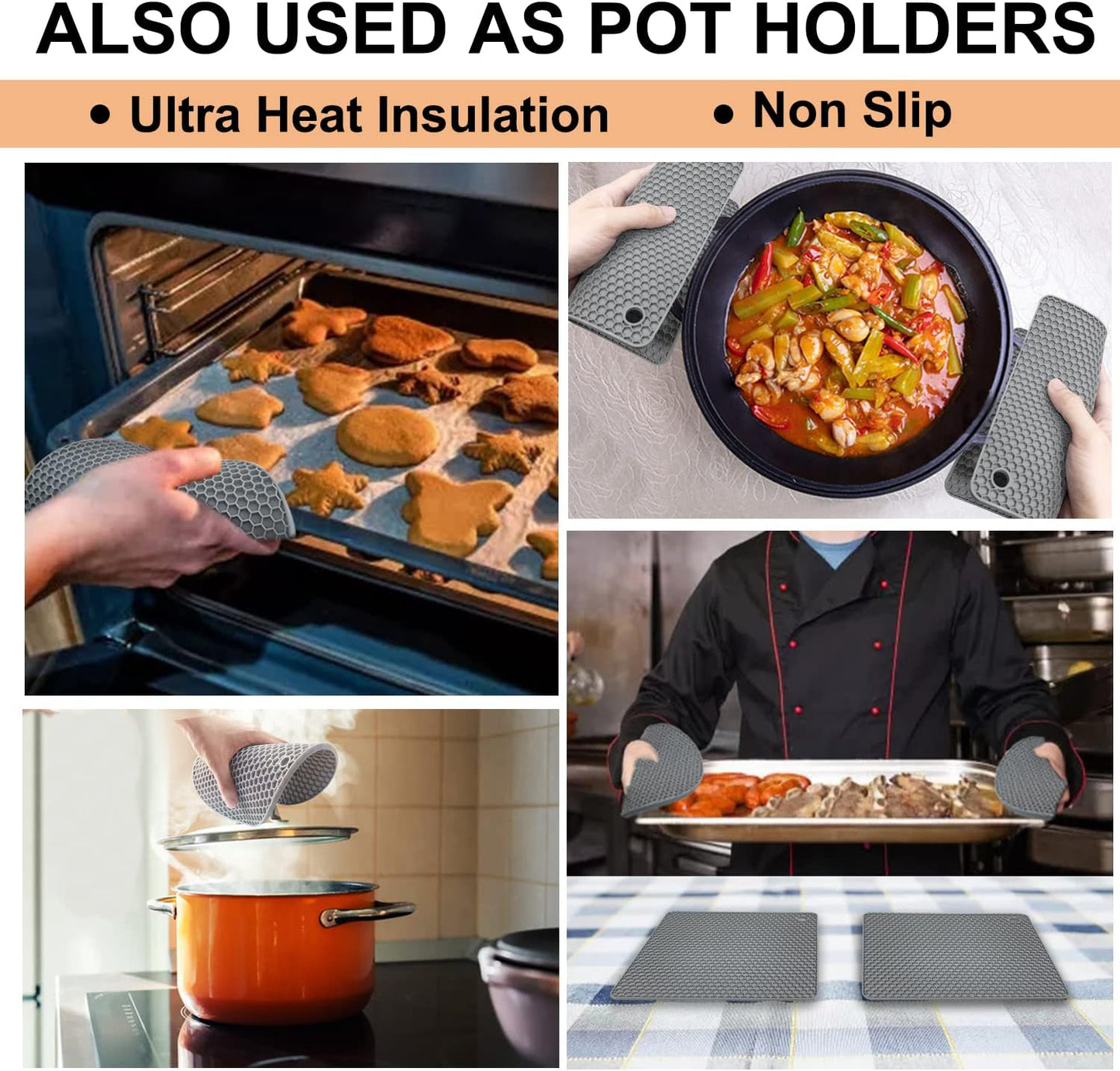 Walfos Silicone Trivet Mats - 4 Heat Resistant Pot Holders, Multipurpose Non-Slip Hot Pads for Kitchen Potholders, Hot Dishers, Jar Opener, Spoon Holder, Food Grade Silicone & BPA Free (Black)