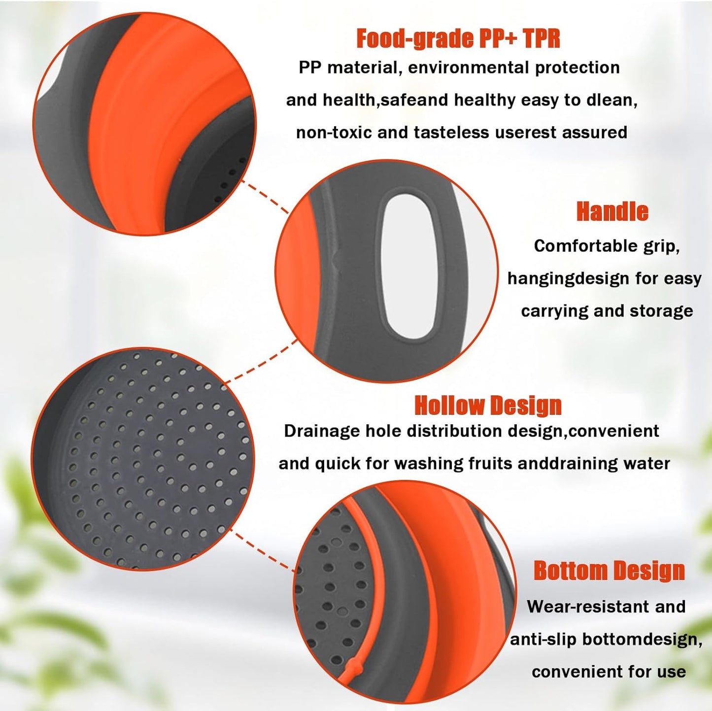 Collapsible Colanders, Food Strainers for Kitchen Use, Food-Grade Silicone Folding Strainer for Rinsing and Draining, Orange
