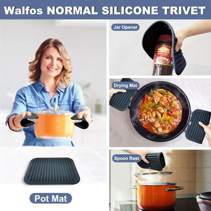 Walfos Silicone Trivet Mats - 4 Heat Resistant Pot Holders, Multipurpose Non-Slip Hot Pads for Kitchen Potholders, Hot Dishers, Jar Opener, Spoon Holder, Food Grade Silicone & BPA Free (Black)
