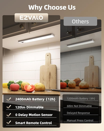 EZVALO 5-Pack Under Cabinet Lighting with Charging Station, 2400mAh Motion Sensor Light, LED Coutner Lights Wireless, 3000K Dimmable, Timer, Magnetic, with Remote Control for Kitchen, Closet, Stair