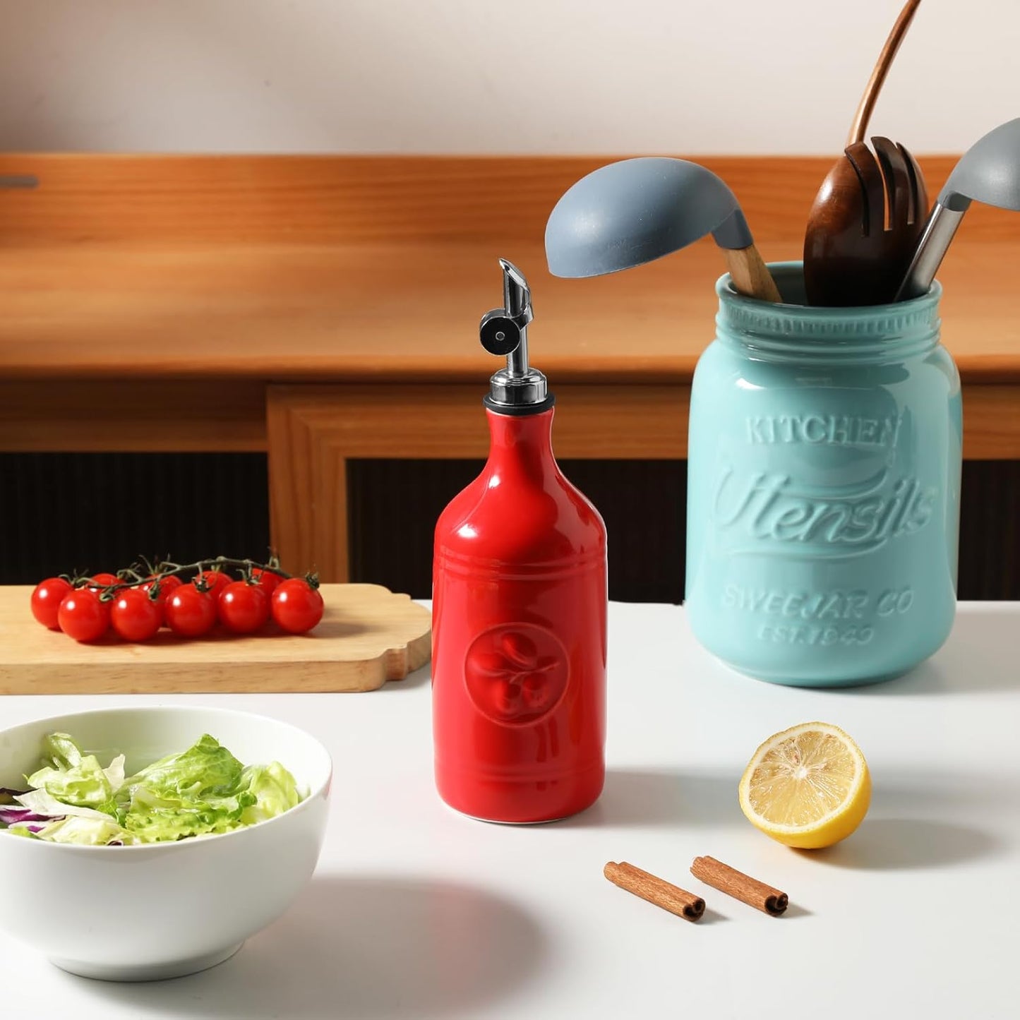 Sweejar 18 Oz Oil Dispenser for Kitchen with Gravity Spout, Ceramic Olive Oil Dispenser Bottle, Relief Opaque Vinegar Container for Evoo, Vinegar, Soy Sauce, Pack of 1(White, Gold Spout)